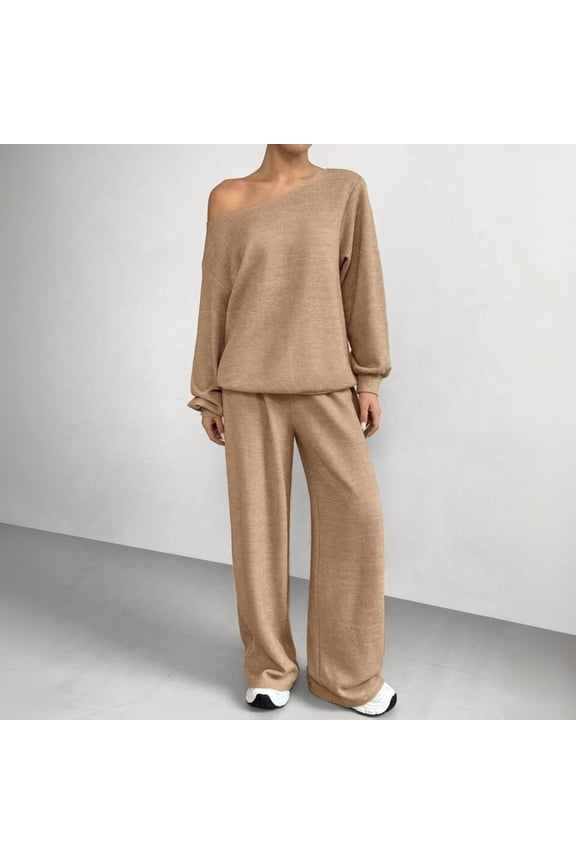 Women 2 Piece Lounge Matching Set Off Shoulder Knit Sweatshirt Wide Leg Sweatpant Airport Fall Winter Outfits Camel S