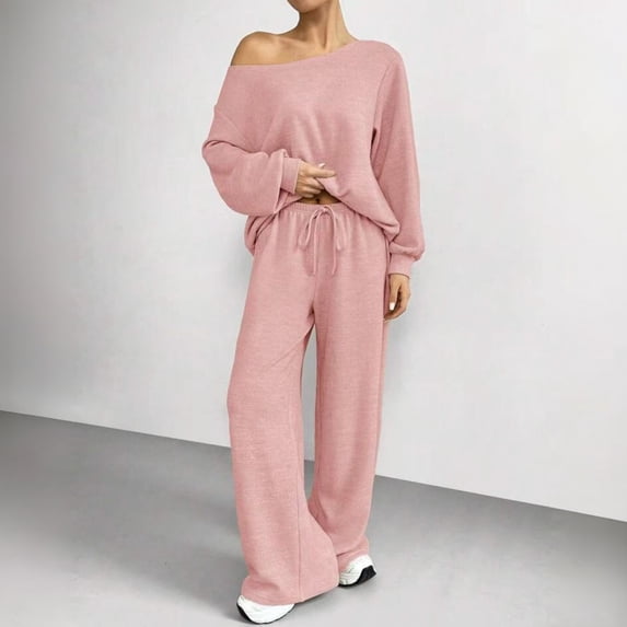 VV AVEORS Women 2 Piece Lounge Matching Set Off Shoulder Knit Sweatshirt Wide Leg Sweatpant Airport Fall Winter Outfits Pink 2XL