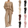 thumbnail image 1 of VV AVEORS Women 2 Piece Outfit Matching Sweat Sets Off The Shoulder Knit Set Lounge Top Wide Leg Sweatpants Tracksuit Pink L, 1 of 8