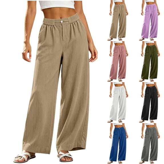 VV AVEORS Women Casual Corduroy Pants Wide Leg Long Palazzo Pants Elastic High Waist Loose Straight Trousers Khaki M