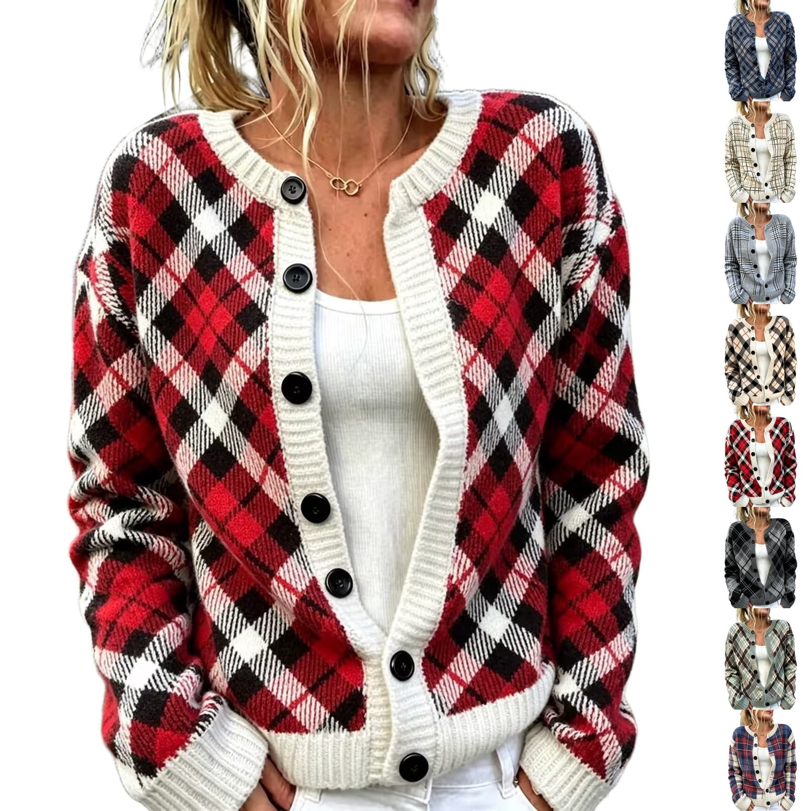 VV AVEORS Women Plaid Cardigan Sweater Fall Button Front Knit Jackets ...