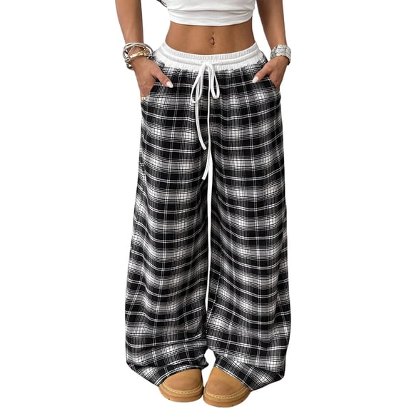 VV AVEORS Women Plaid Pants Gingham Pajama Pants Baggy Sweatpants | Wide Leg Elastic Drawstring Pants, Fall Winter Casual Bottms Black XL
