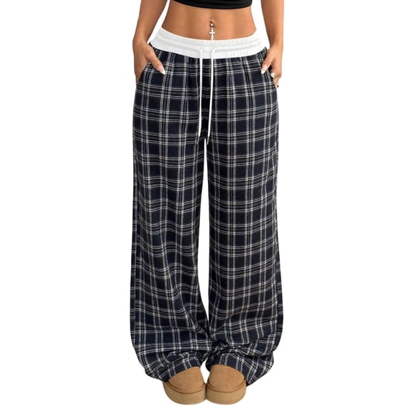 VV AVEORS Women Plaid Pants Gingham Pajama Pants Baggy Sweatpants | Wide Leg Elastic Drawstring Pants, Fall Winter Casual Bottms Blue S