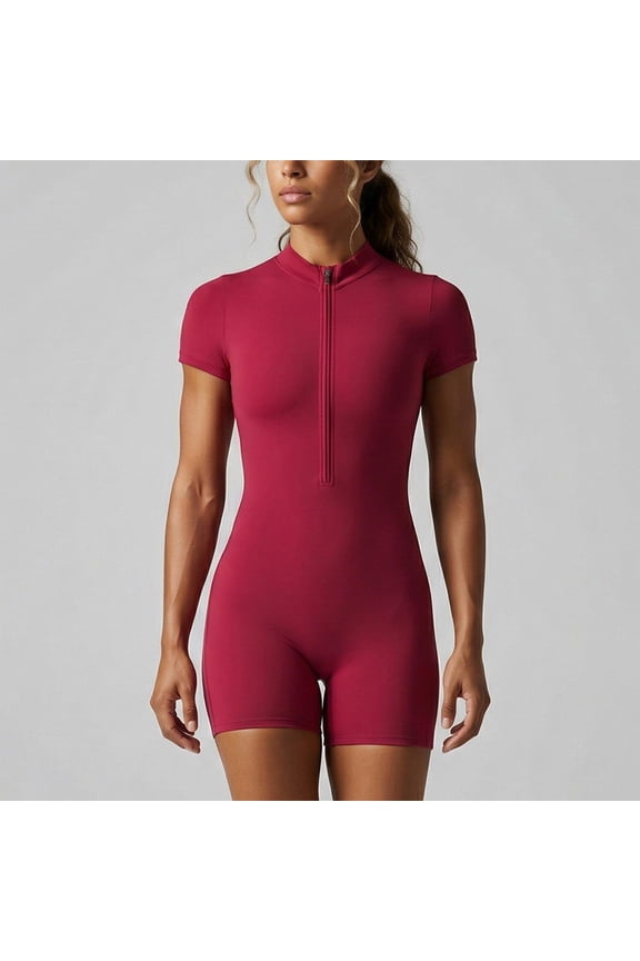 Women Rompers Ribbed Short Sleeve Zip Front Stretch Tummy Control Yoga Workout Gym Set Athletic Jumpsuit Shorts Red S