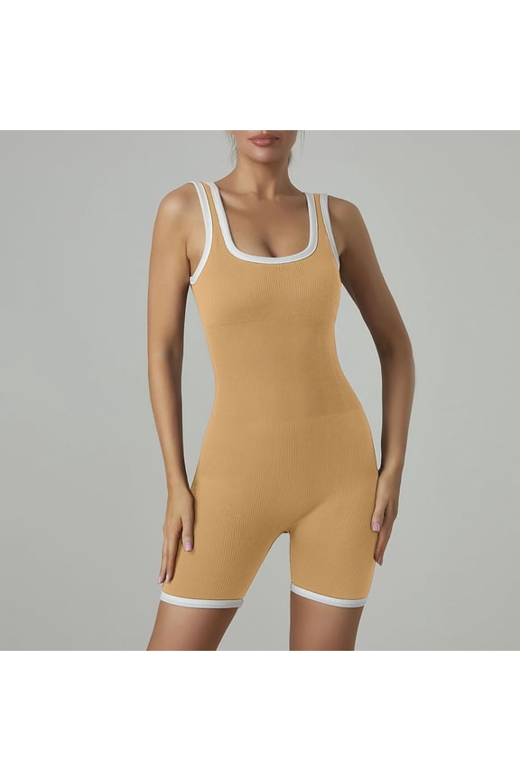 Women Rompers Sleeveless Square Neck Stretch Ribbed Contrast Workout Shorts Bodysuits Jumpers Yoga Summer Fashion Khaki L