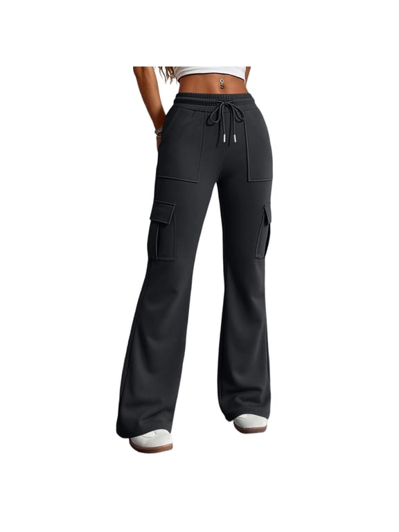 Women'S Bootcut Cargo Pants Slim Fit Sweatpants | Drawstring Athletic Workout Pant Trendy Flare Leg Yoga Pants With Pockets Black L