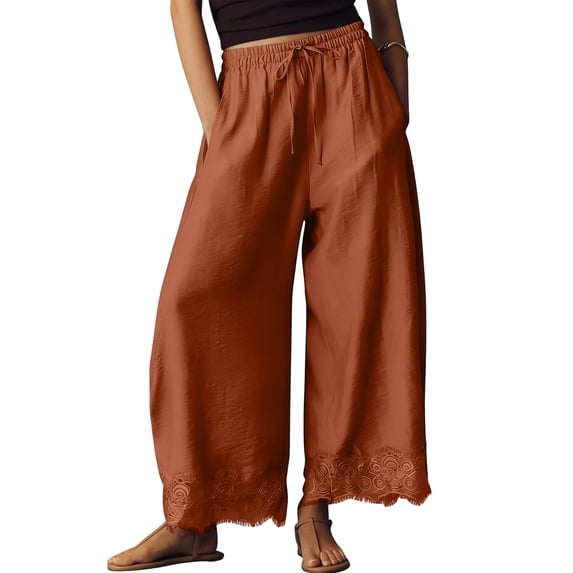 VV AVEORS Women'S Cropped Lace-Hem Pants Lace Trim Baggy Wide Leg Pants Casual Lounge Lightweight Flowy Palazzo Brown S