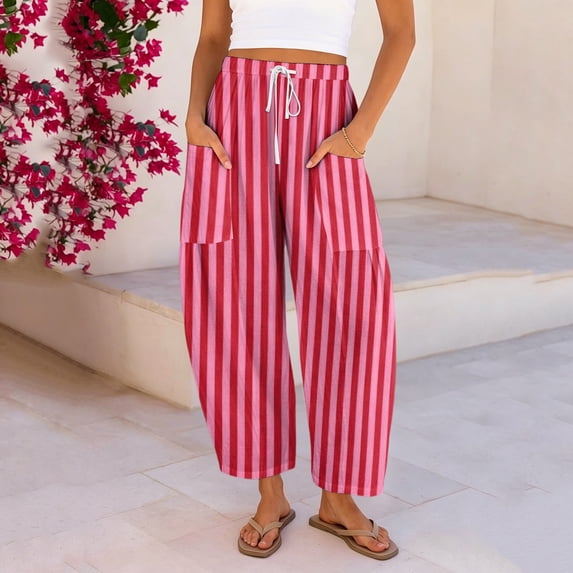 VV AVEORS Women'S Linen Wide Leg Pants Summer Fall Casual Loose Beach Vacation Baggy Palazzo Barrel Pant With Pockets Hot Pink 2XL