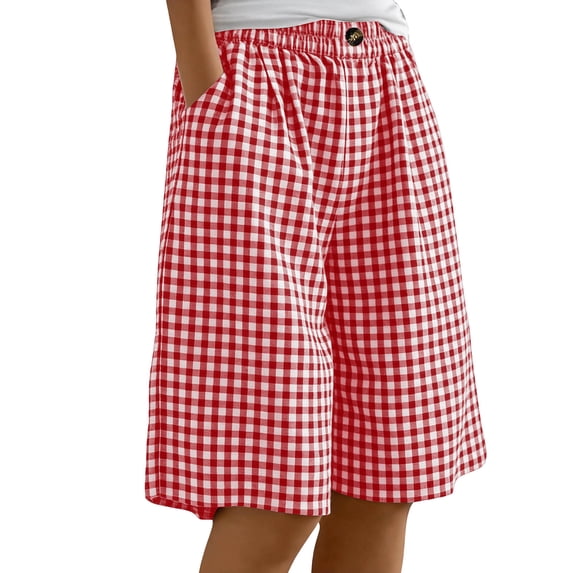 VV AVEORS Women'S Plaid Cotton Linen Shorts Gingham Loose High Waist Bermuda Wide Leg Summer Beach Casual Lounge Shorts With Pockets Red 2XL