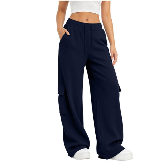 VV AVEORS Women'S Wide Leg Cargo Sweatpants Hiking Fall Trousers | Drawstring Waist Baggy Casual Track Pants Loose Fit Joggers With Pockets Dark Blue S
