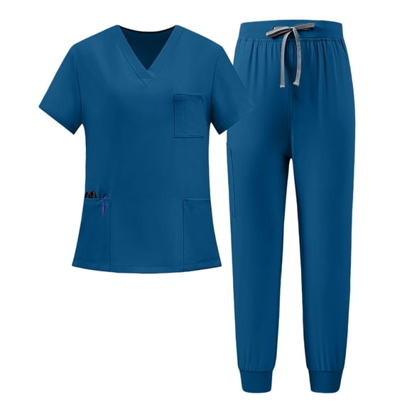 VV AVEORS Women Scrubs Set V-Neck Stretch Tops With Pockets & Cargo Pants Jogger Nurse Work Uniform Quick Drying Nursing Uniforms Dark Blue 2XL
