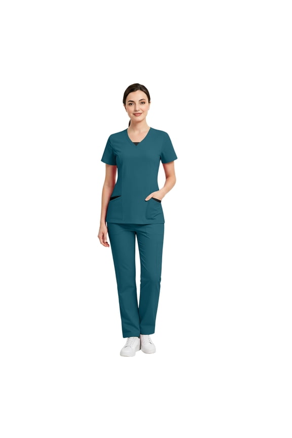 Women Scrubs Sets Stretch Tops With Pockets & Cargo Pants Jogger Nurse Work Uniform Quick Drying Workwear Dark Blue M
