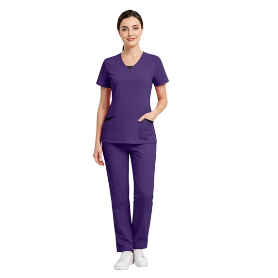 VV AVEORS Women Scrubs Sets Stretch Tops With Pockets & Cargo Pants Jogger Nurse Work Uniform Quick Drying Workwear Dark Purple XL