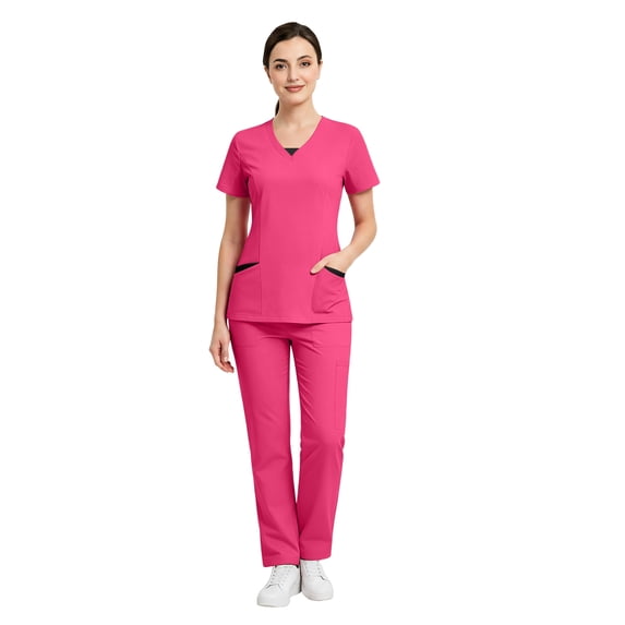 VV AVEORS Women Scrubs Sets Stretch Tops With Pockets & Cargo Pants Jogger Nurse Work Uniform Quick Drying Workwear Hot Pink XL