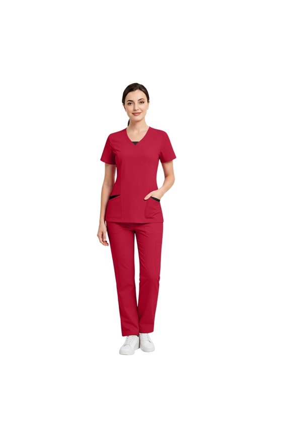 Women Scrubs Sets Stretch Tops With Pockets & Cargo Pants Jogger Nurse Work Uniform Quick Drying Workwear Red S