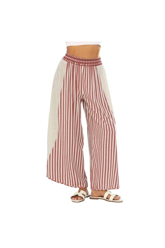 Women Summer Flowy Pants Striped Lace Patchwork Wide Leg Elastic Waist Sweatpants Loose Fit Casual Comfort Beach Long Trouser Deep Red S