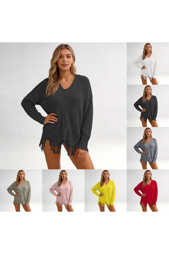 Women Sweater Fall Off The Shoulder V Neck Fringe Knit Hollow Out Ripped Pullover Long Sleeve Diy Neck Tops Khaki S