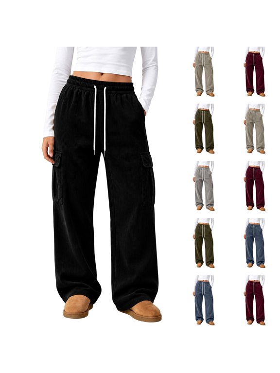 Women's Corduroy Cargo Pants Drawstring Waist Wide Leg Hiking Trousers Flap Patch Pockets Outdoor Work Pants Athletic Daily Black L