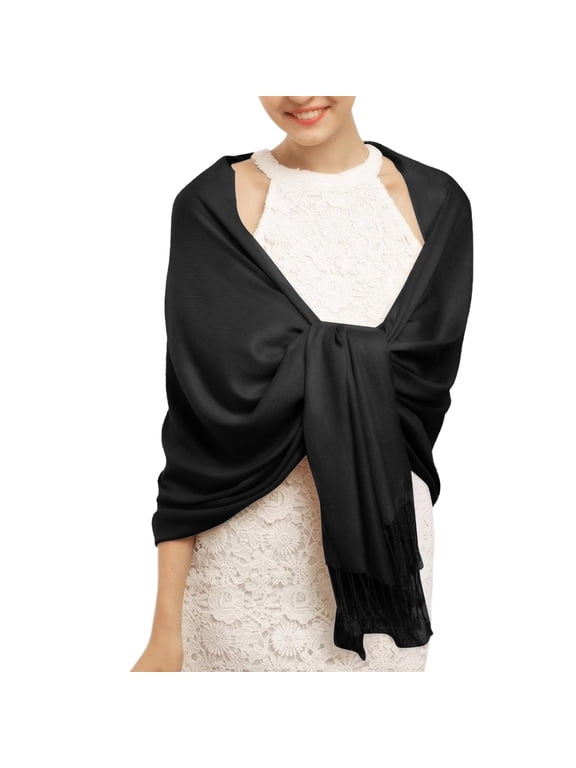 Women's Fringe Shawl Wrap Pashmina Scarf Soft Winter Warm Thick Scarves with Elegant Drape For Party Travel Formal Wear Black One Size