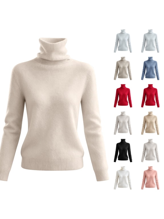 Women's Turtleneck Sweater Long Sleeve Fall Winter Knitted Top Soft Trendy Fall Fashion Dressy Casual Pullover Beige M