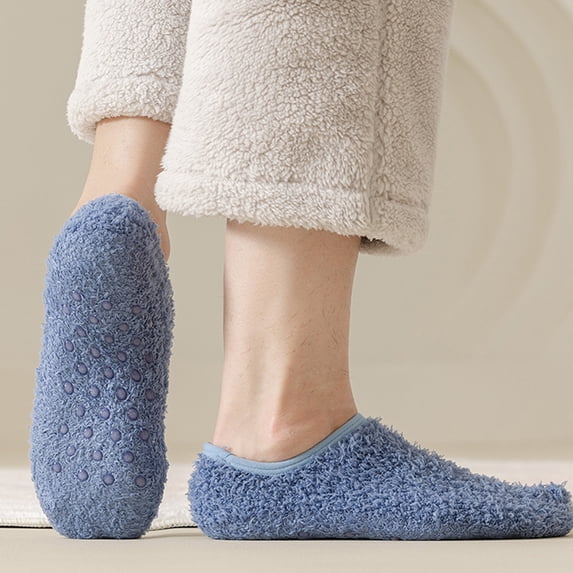 VV AVEORS Womens Ankle Socks Low Cut Fluffy Fuzzy Warm Winter Plush Slipper Socks Non Slip Fuzzy Socks With Grips Home Gifts Blue One Size