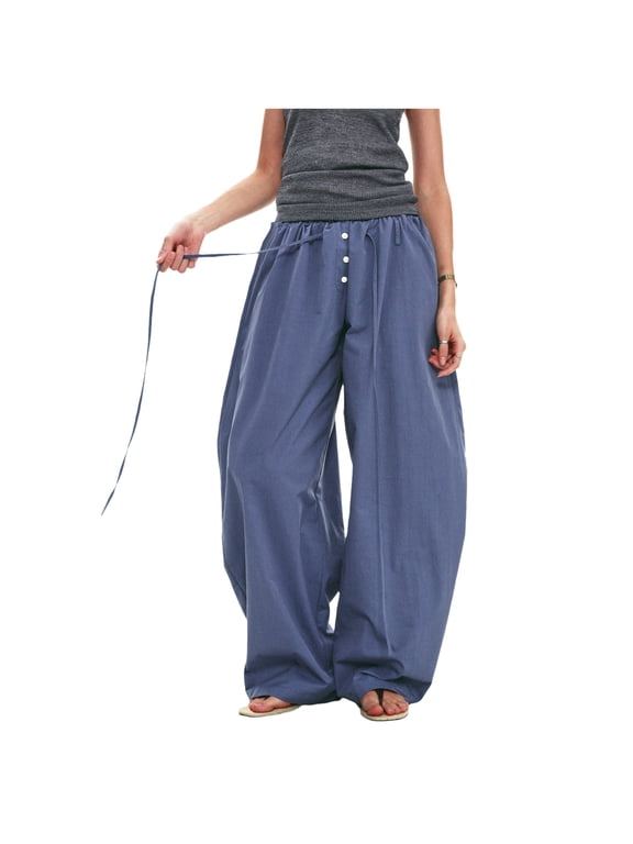 Womens Barrel Pants Baggy Wide Leg Lounge Pants Elastic Waist Pleated Harem Pants Loose Hippie Trousers,Lightweight Parachute Pants Royal Blue M
