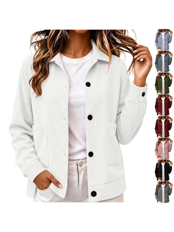 Womens Corduroy Jacket Button Down Collared Shirt Cropped Cardigan Shacket Lightweight Long Sleeve Warm Comfy Soft Business Casual Office Wear White S
