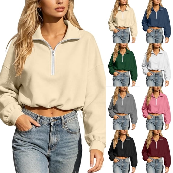 VV AVEORS Womens Cropped Sweatshirts Mock Neck Quarter Half Zip Pullover Workout Hoodie Sweater Fall Trendy Fashion Jackets Black M