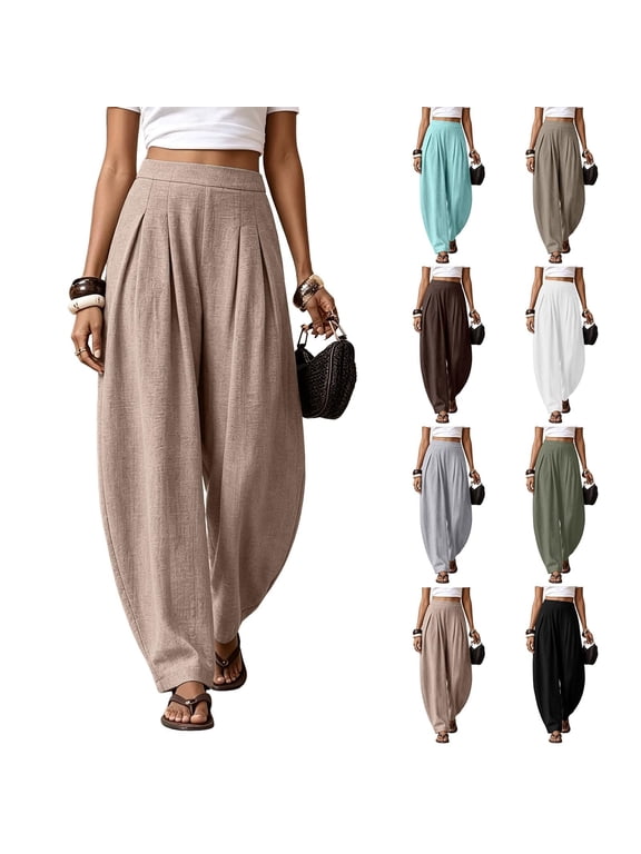Womens Linen Cotton Balloon Pants Baggy Barrel Trousers Wide Leg High Waisted Harem Cropped Ankle Length Boho Palazzo Beige S