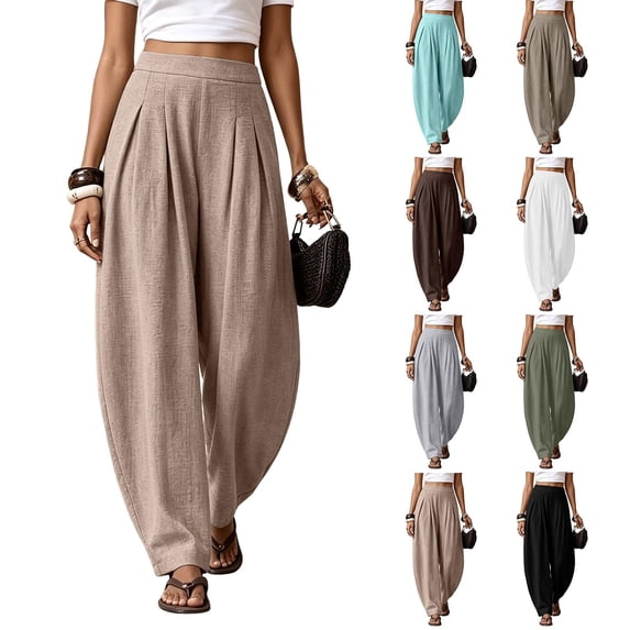 VV AVEORS Womens Linen Cotton Balloon Pants Baggy Barrel Trousers Wide Leg High Waisted Harem Cropped Ankle Length Boho Palazzo Black L