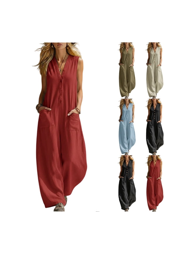 Womens Linen Jumpsuit Sleeveless Casual Wide Legs Flowy Rompers Baggy Button Down V Neck Summer Overalls With Pockets Black S
