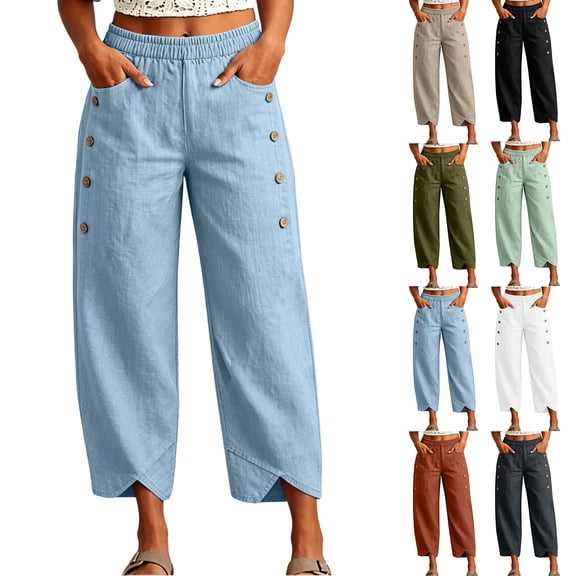 VV AVEORS Womens Linen Pants Cropped Boho Wide Leg Palazzo Pants Elastic Waist Summer Capris Beach Casual Lounge Pant Capri Trousers Light Blue 2XL