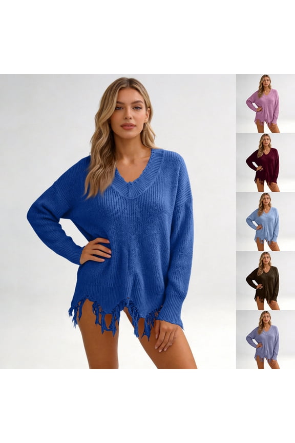 Womens Loose Knitted Off The Shoulder Sweater Hollow Out Solid V Neck Long Sleeve Pullover Ripped Crop Top Royal Blue 3XL