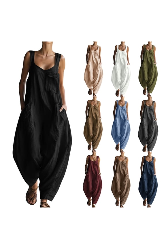 Womens Loose Overalls Summer Boho Wide Leg Rompers Dressy Casual Baggy Sleeveless Jumpsuits With Multi Pockets Black XL