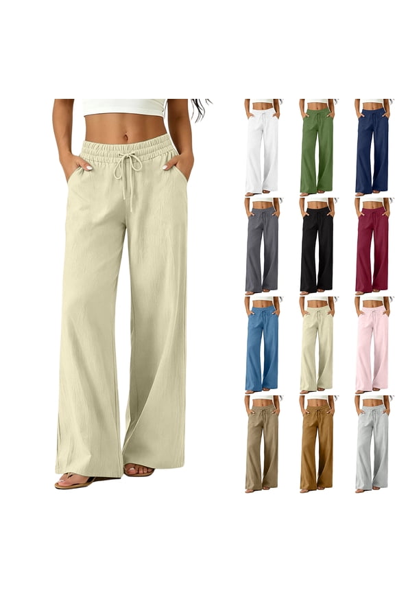 Womens Palazzo Pants Summer Fall Fashion 2026 High Waisted Wide Leg Drawstring Flowy Beach Trousers With Pockets Brown 2XL