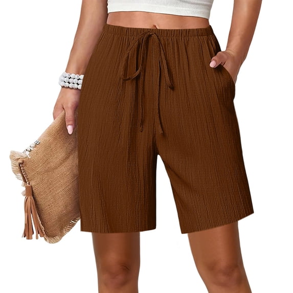 VV AVEORS Womens Shorts Bermuda Knee Long Length Cotton Wide Leg Plus Size With Pockets Trendy Lounge Resortwear Coffee S