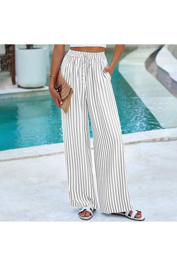 Womens Striped Wide Leg Pants Elastic High Waisted Drawstring Lounge Palazzo Pants Flowy Casual Beach Travel Trousers White L