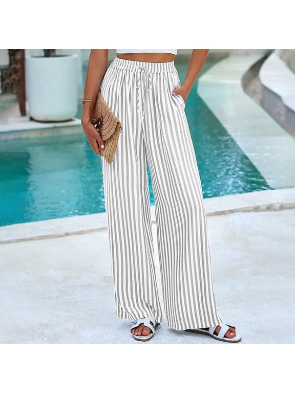 Womens Striped Wide Leg Pants Elastic High Waisted Drawstring Lounge Palazzo Pants Flowy Casual Beach Travel Trousers White XL