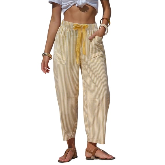 VV AVEORS Womens Summer Striped Barrel Cropped Pants Comfy Drawstring Capri Pant With Pockets Beach Vacation Lounge Trousers Yellow 2XL