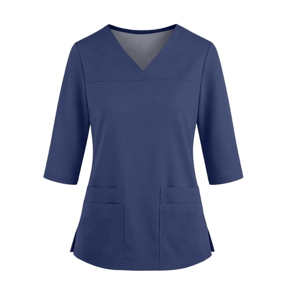 VV AVEORS Womens V-Neck Scrubs Tops Easy Care Medical Scrub Shirts 3/4 Sleeve Stretch Fitted Nurse Uniform Shirts With Pockets Dark Blue L