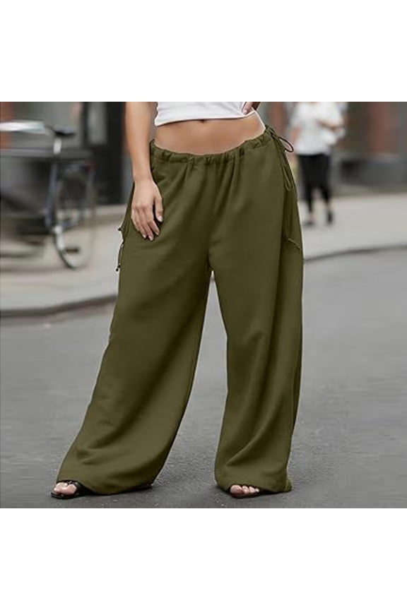 Womens Wide Leg Barrel Pants Drawstring Y2K High Waisted Ruched Baggy Comfy Casual Fashion Vacation Sweatpants Streetwear Army Green L