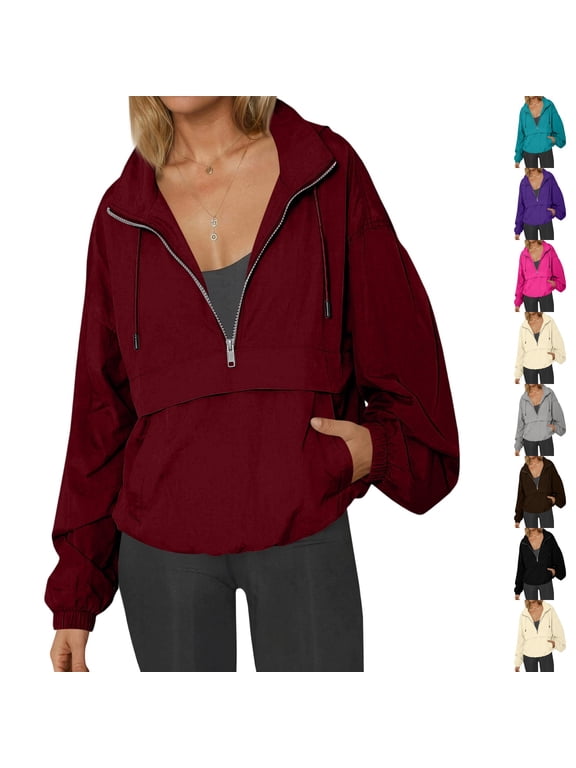 Womens Windbreaker Lightweight Jackets Hooded Quarter Zip Pullover Half Zip Windproof Coats Casual Hiking Outdoor Top with Pockets Wine 2XL