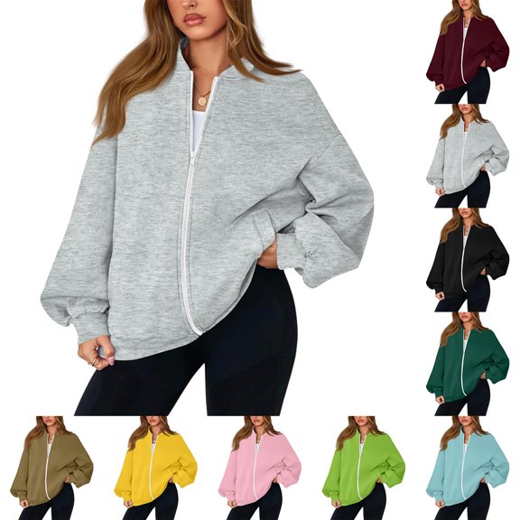 VV AVEORS Zip Up Jacket No Hood Casual Spring Fall Casual Lightweight Oversized Bomber Jacket Women Hoodless Sweat Jacket Dark Green S