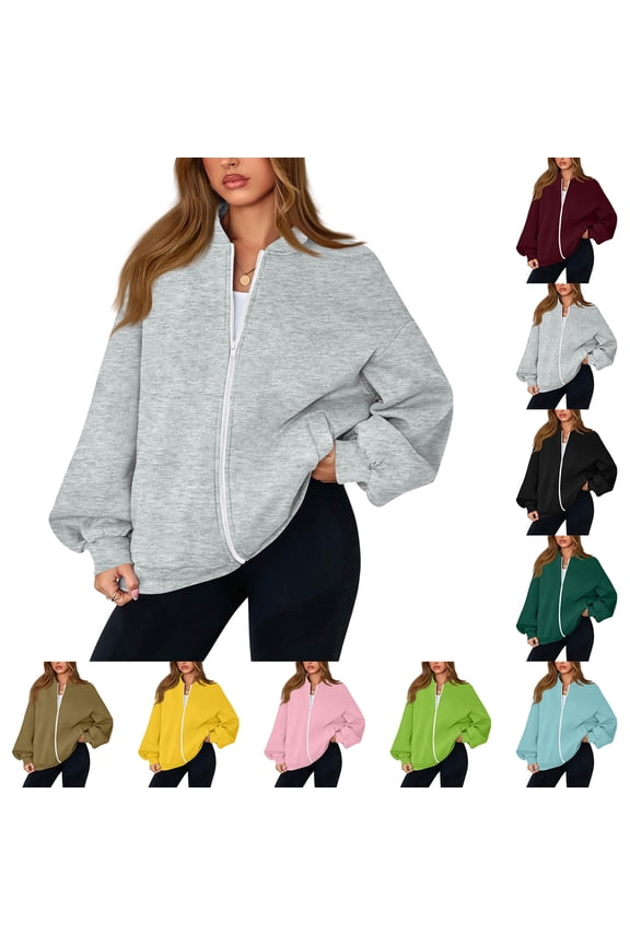 Zip Up Jacket No Hood Casual Spring Fall Casual Lightweight Oversized Bomber Jacket Women Hoodless Sweat Jacket Fluorescent Green L