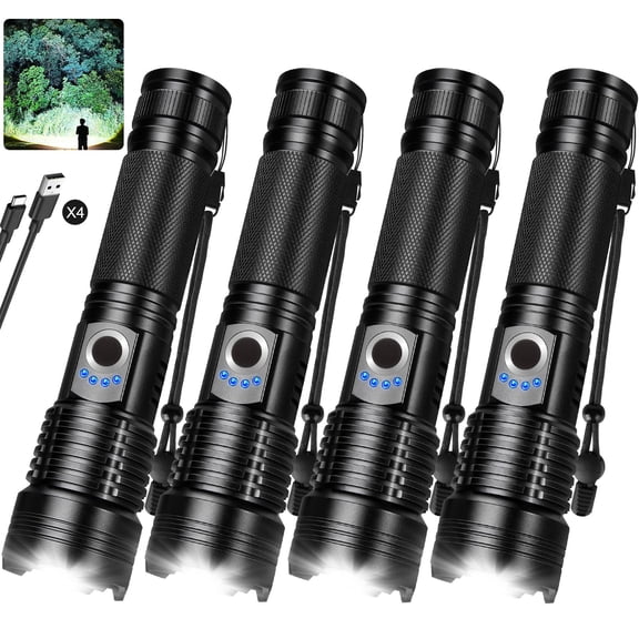 VVBE Rechargeable Flashlights High Lumens 4 Pack, 99,000lm Super Bright LED Flashlight, Adjustable 5 Modes, IPX6 Waterproof Powerful Flash Lights for Camping Home Outdoor
