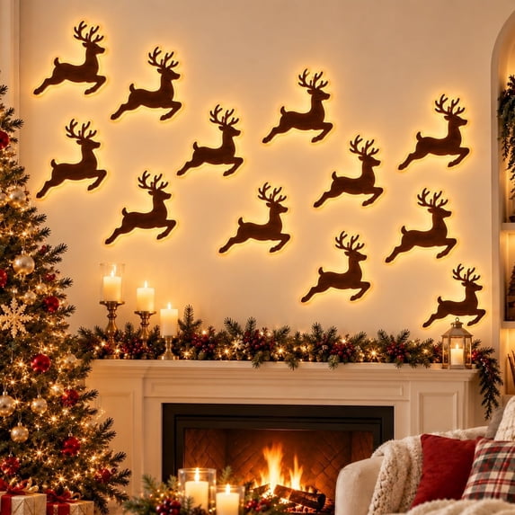 Stick Point Up VVC Light-Up Wooden Reindeer Christmas Decor, 12PCS Holiday Wall Lights ...