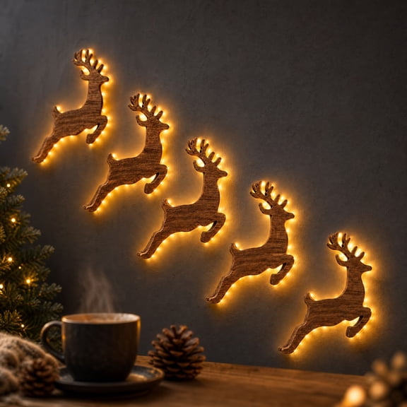 VVC Light-Up Wooden Reindeer Christmas Decor, 6PCS Holiday Wall Lights LED Reindeer Wall Decorations, Warm Backlit Peel & Stick Entryway, Indoor Wall Accents for Living Room Bedroom Hallway