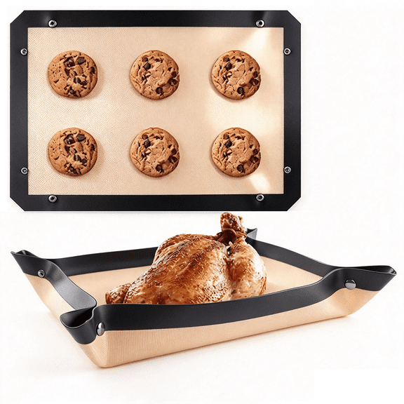 VVC Silicone Baking Mat Sheet Convertible Silicone Tray With Snap Locks, Help Contain Spills Reusable Fiberglass Liner Folds Flat Corner Crisp For Cookies Pastry Roasting Marinating