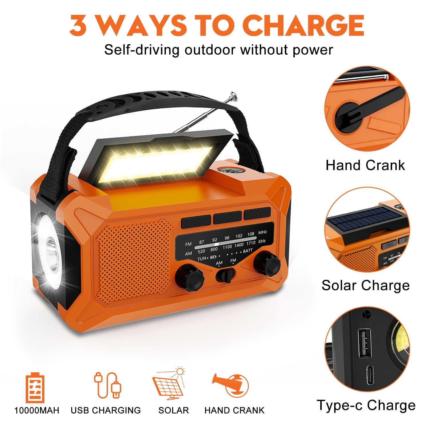 VVEMERK 10000mAh Emergency Weather Radio,Solar Hand Crank IPX6