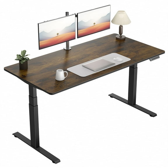VVENACE D2Pro Electric Standing Desk Height Adjustable Desk 4 Memory Height Ergonomic Sit Stand up Desk for Home Office, Black Frame Brown 59 x 30 inch One-Piece Desktop (2 Packages)
